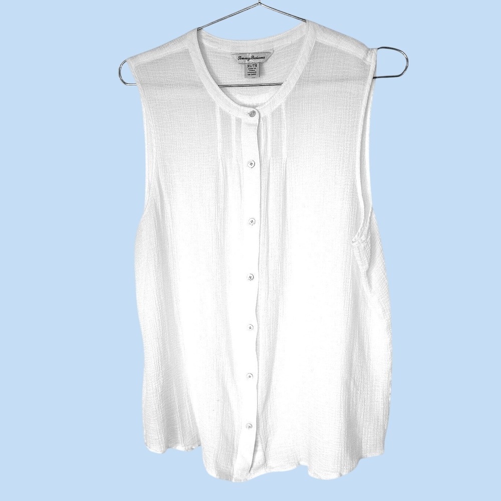 Tommy Bahama Womens XL White Cotton Gauze Sleeveless Pintuck Button‎ Up Top